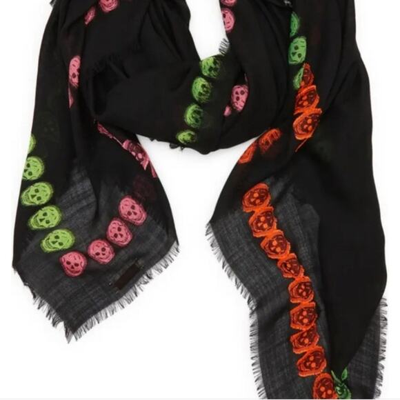Alexander McQueen Neon Skull Scarf Black Rare Retails $430 - Picture 2 of 9